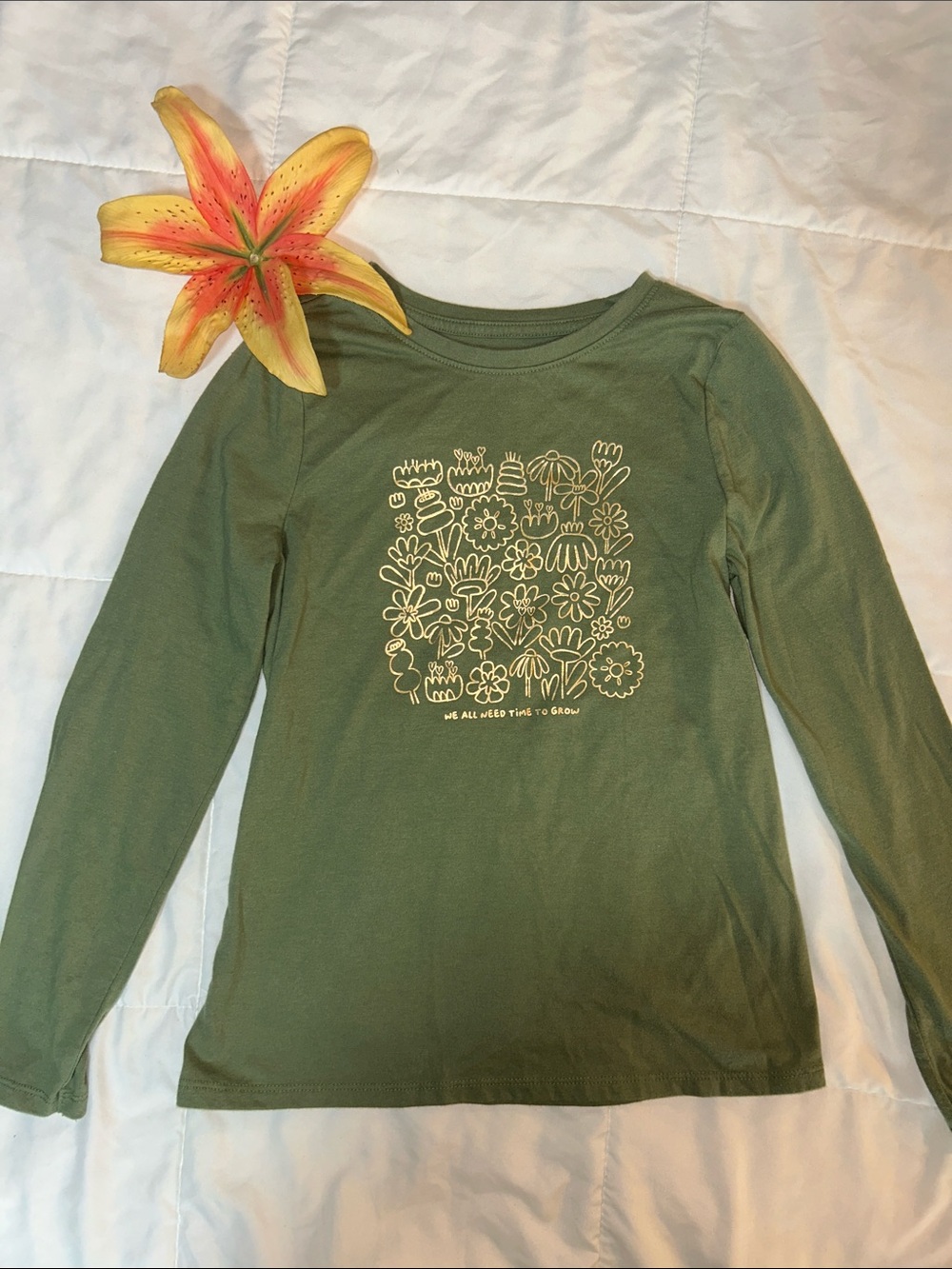 Girls' Olive Green Long Sleeve Top with Floral Sketch